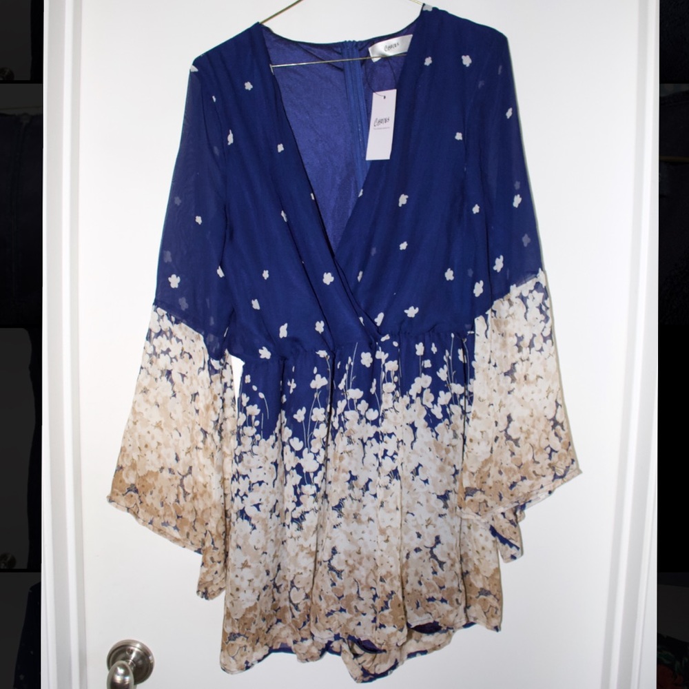 Navy and tan floral romper